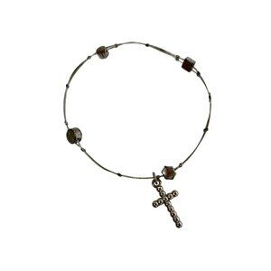 Vintage Silvertone Cross Charm Wire Bracelet Thin Bangle Blue 2.75" Diameter